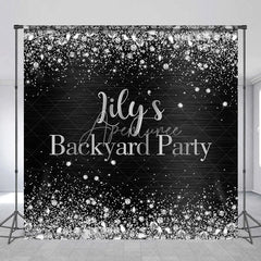 Aperturee - Aperturee Custom Black and Silver Glitter Backyard Party Backdrop Personalized Diamond Confetti Celebration Decor