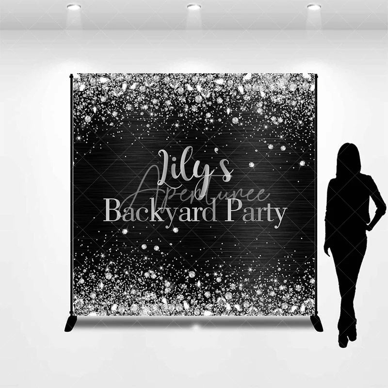 Aperturee - Aperturee Custom Black and Silver Glitter Backyard Party Backdrop Personalized Diamond Confetti Celebration Decor