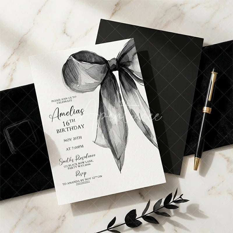 Aperturee - Aperturee Set of 20 Custom Black and White Watercolor Bow Sweet Sixteen Birthday Invitation Personalized Elegant Party Invite