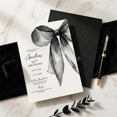 Aperturee - Aperturee Set of 20 Custom Black and White Watercolor Bow Sweet Sixteen Birthday Invitation Personalized Elegant Party Invite