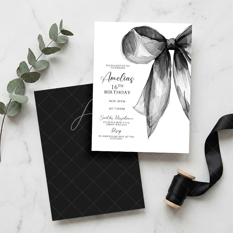 Aperturee - Aperturee Set of 20 Custom Black and White Watercolor Bow Sweet Sixteen Birthday Invitation Personalized Elegant Party Invite