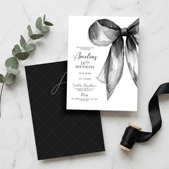 Aperturee - Aperturee Set of 20 Custom Black and White Watercolor Bow Sweet Sixteen Birthday Invitation Personalized Elegant Party Invite