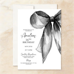 Aperturee - Aperturee Set of 20 Custom Black and White Watercolor Bow Sweet Sixteen Birthday Invitation Personalized Elegant Party Invite