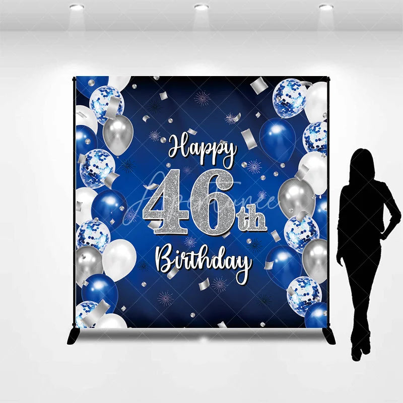 Aperturee - Aperturee Custom Blue and Silver Balloons Happy 46th Birthday Backdrop Confetti Celebration Party Decor