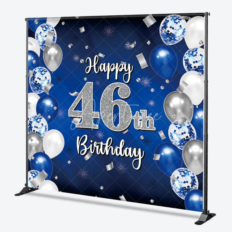 Aperturee - Aperturee Custom Blue and Silver Balloons Happy 46th Birthday Backdrop Confetti Celebration Party Decor