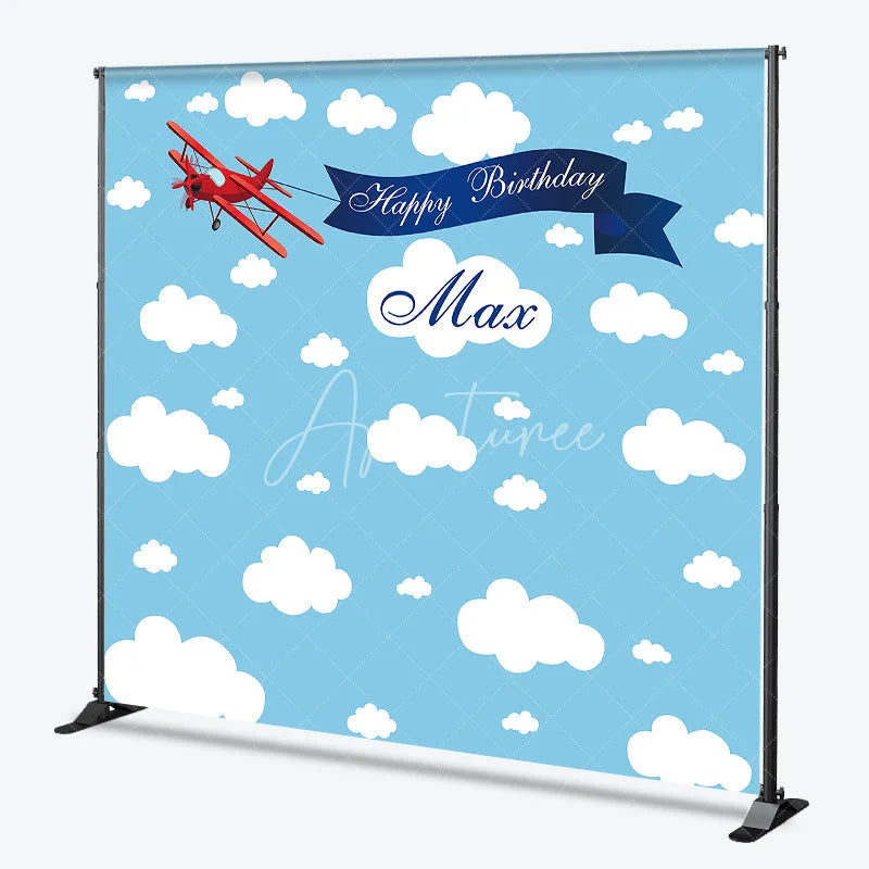 Aperturee - Aperturee Custom Blue Sky and Clouds Biplane Happy Birthday Backdrop Personalized Name Party Decor