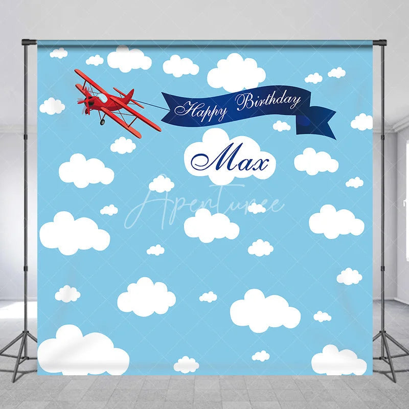 Aperturee - Aperturee Custom Blue Sky and Clouds Biplane Happy Birthday Backdrop Personalized Name Party Decor