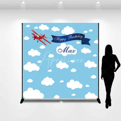 Aperturee - Aperturee Custom Blue Sky and Clouds Biplane Happy Birthday Backdrop Personalized Name Party Decor