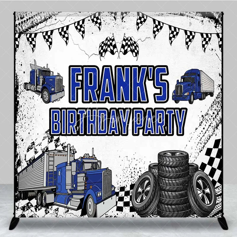 Aperturee - Aperturee Custom Blue Truck Birthday Backdrop Semi Trailer Tire Track Photography Background