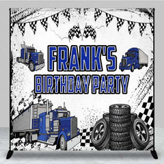 Aperturee - Aperturee Custom Blue Truck Birthday Backdrop Semi Trailer Tire Track Photography Background
