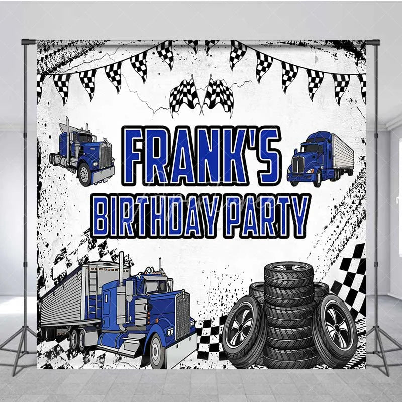 Aperturee - Aperturee Custom Blue Truck Birthday Backdrop Semi Trailer Tire Track Photography Background