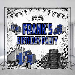 Aperturee - Aperturee Custom Blue Truck Birthday Backdrop Semi Trailer Tire Track Photography Background