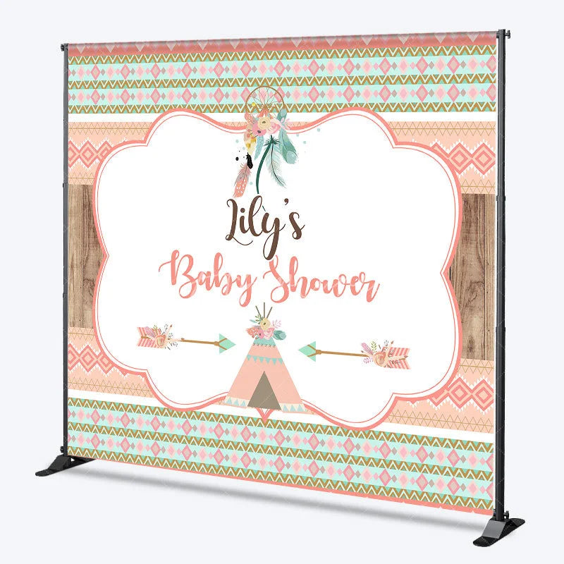 Aperturee - Aperturee Custom Boho Tribal Baby Shower Backdrop featuring Peach Mint Green and Gold Patterns Dreamcatcher and Teepee Design