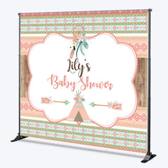 Aperturee - Aperturee Custom Boho Tribal Baby Shower Backdrop featuring Peach Mint Green and Gold Patterns Dreamcatcher and Teepee Design