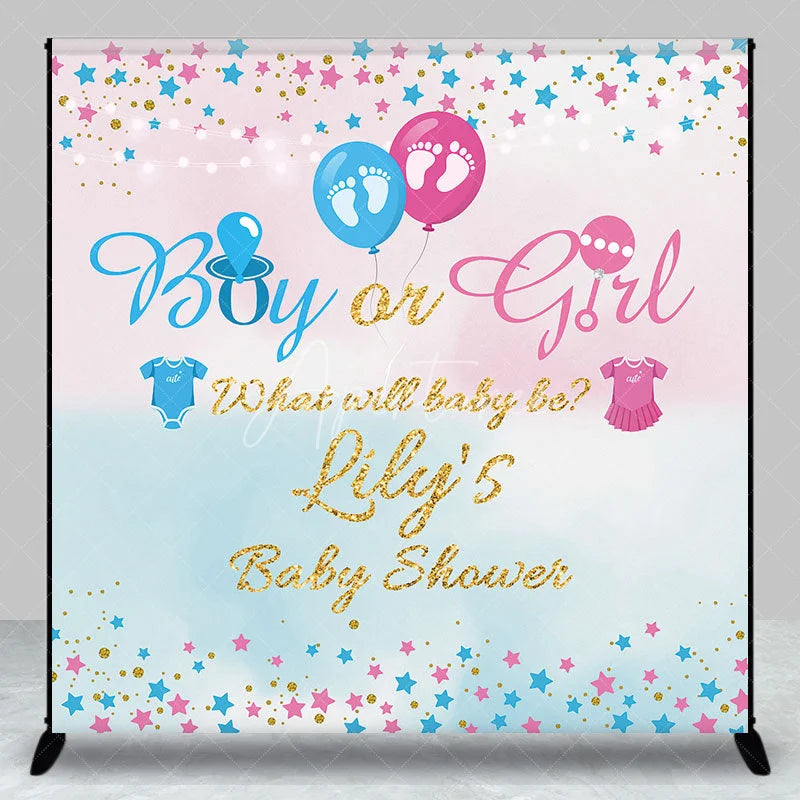 Aperturee - Aperturee Custom Boy or Girl Gender Reveal Baby Shower Backdrop What Will Baby Be Pink and Blue Glitter Stars