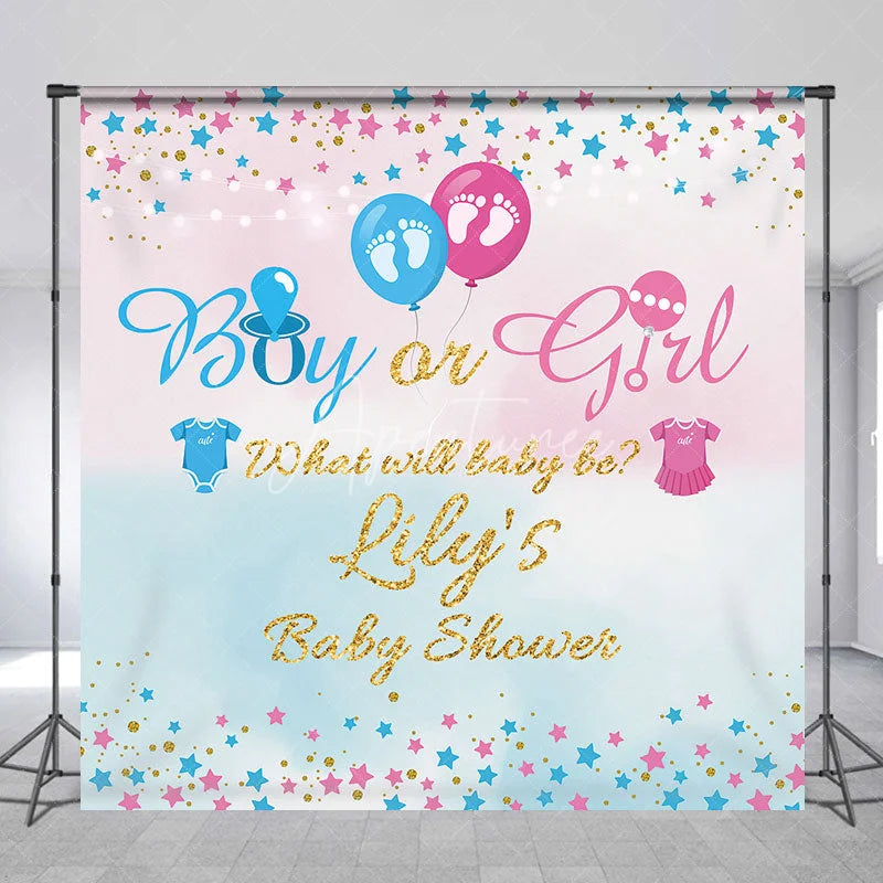 Aperturee - Aperturee Custom Boy or Girl Gender Reveal Baby Shower Backdrop What Will Baby Be Pink and Blue Glitter Stars