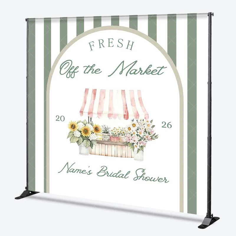 Aperturee - Aperturee Custom Bridal Shower Backdrop Fresh Flower Market Stand Sage Green Stripes Personalized Background