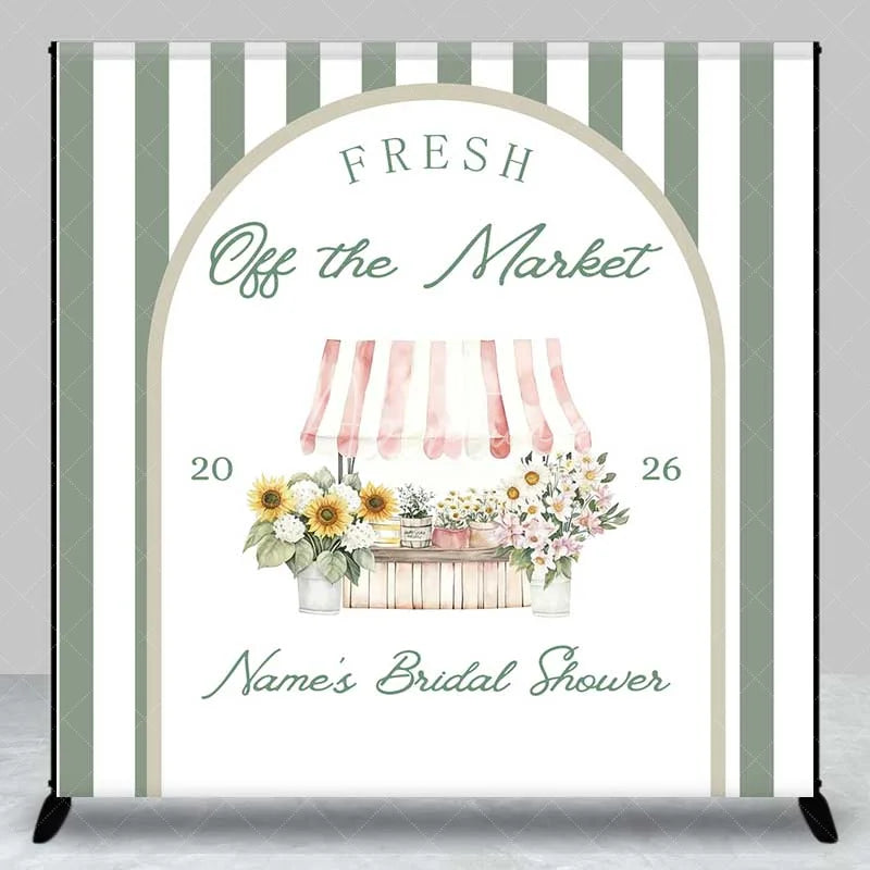 Aperturee - Aperturee Custom Bridal Shower Backdrop Fresh Flower Market Stand Sage Green Stripes Personalized Background