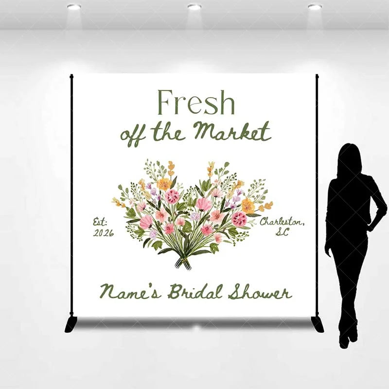 Aperturee - Aperturee Custom Bridal Shower Backdrop Fresh Off The Market Floral Heart White Minimalist Personalized Background