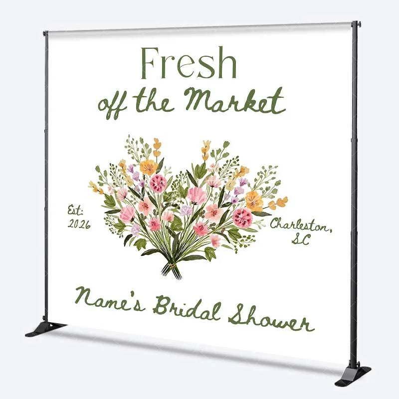 Aperturee - Aperturee Custom Bridal Shower Backdrop Fresh Off The Market Floral Heart White Minimalist Personalized Background
