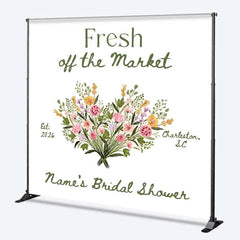 Aperturee - Aperturee Custom Bridal Shower Backdrop Fresh Off The Market Floral Heart White Minimalist Personalized Background