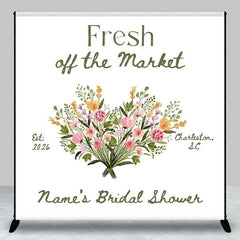 Aperturee - Aperturee Custom Bridal Shower Backdrop Fresh Off The Market Floral Heart White Minimalist Personalized Background
