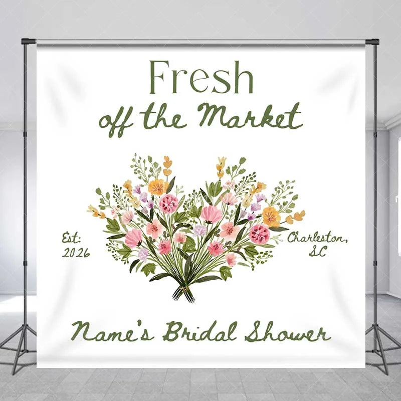 Aperturee - Aperturee Custom Bridal Shower Backdrop Fresh Off The Market Floral Heart White Minimalist Personalized Background