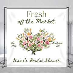 Aperturee - Aperturee Custom Bridal Shower Backdrop Fresh Off The Market Floral Heart White Minimalist Personalized Background