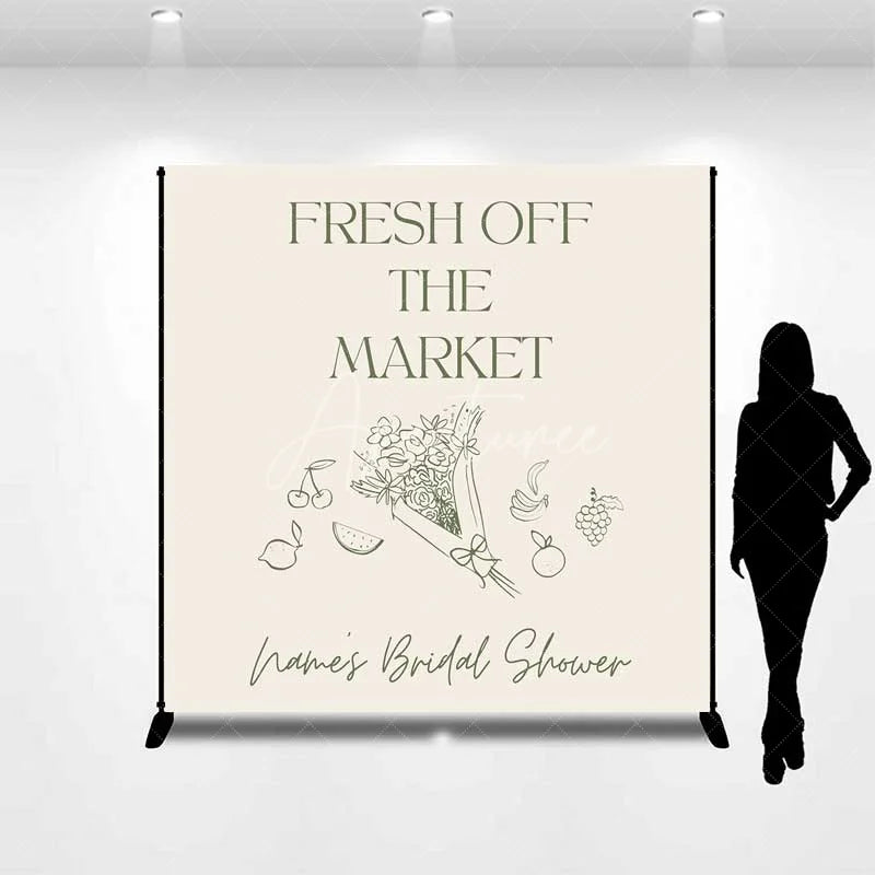 Aperturee - Aperturee Custom Bridal Shower Backdrop Fresh Off The Market Personalize Name Fruit Flower Line Art Background Bachelorette