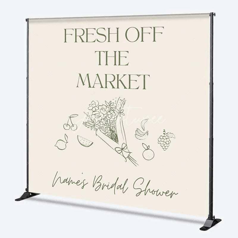Aperturee - Aperturee Custom Bridal Shower Backdrop Fresh Off The Market Personalize Name Fruit Flower Line Art Background Bachelorette