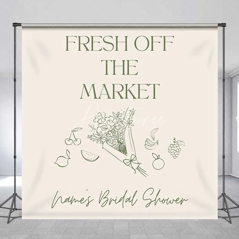 Aperturee - Aperturee Custom Bridal Shower Backdrop Fresh Off The Market Personalize Name Fruit Flower Line Art Background Bachelorette