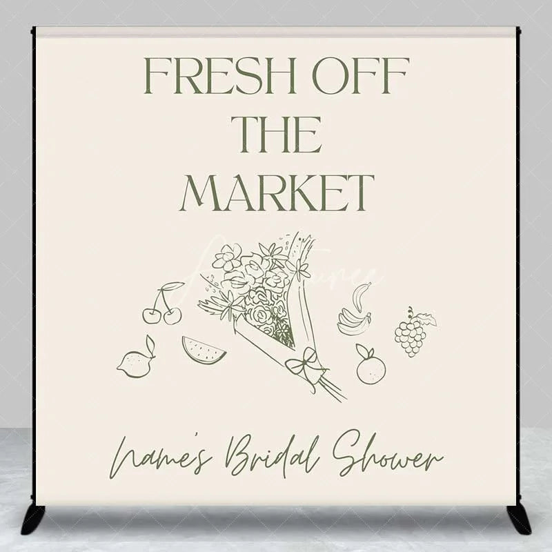 Aperturee - Aperturee Custom Bridal Shower Backdrop Fresh Off The Market Personalize Name Fruit Flower Line Art Background Bachelorette