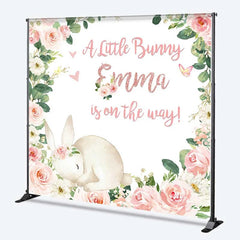 Aperturee - Aperturee Custom Bunny Baby Shower Backdrop Sleeping Rabbit and Pink Flower Wreath Newborn Girl Party Background
