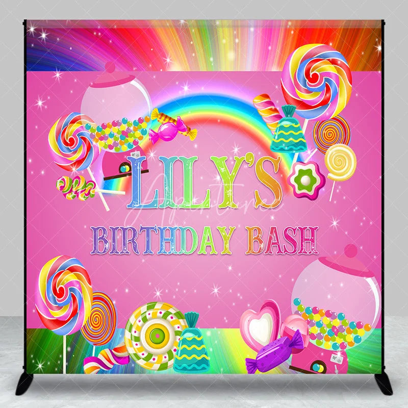 Aperturee - Aperturee Custom Candy Land Birthday Backdrop Featuring Colorful Lollipops and Gumballs Sweet Rainbow Party Decor