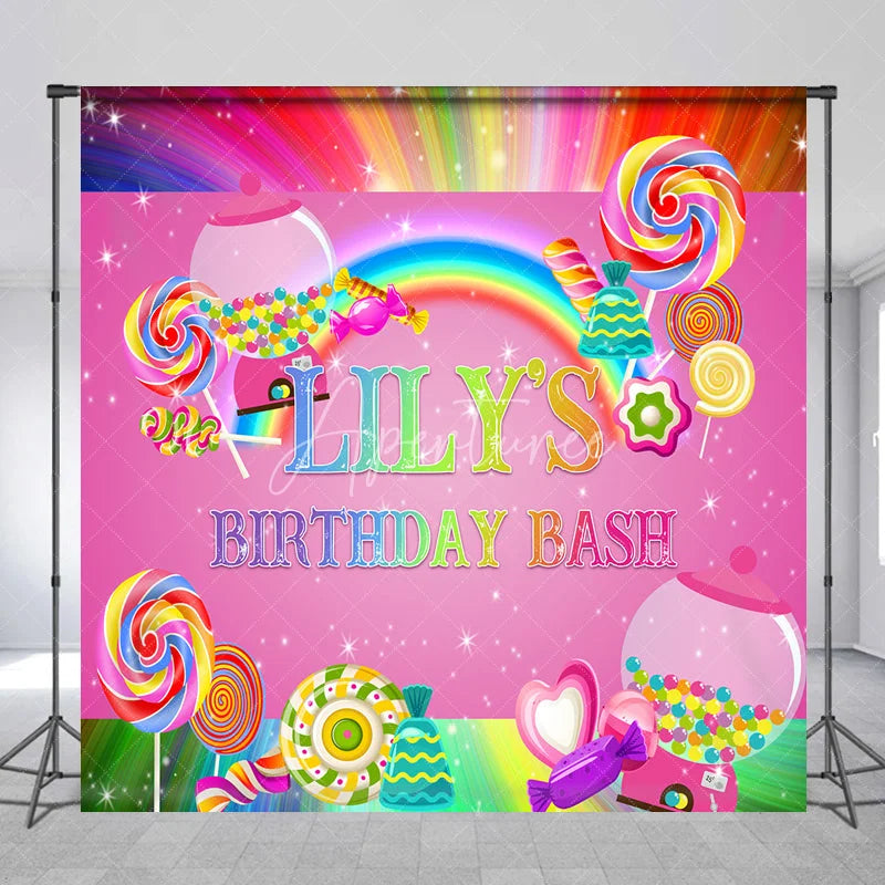 Aperturee - Aperturee Custom Candy Land Birthday Backdrop Featuring Colorful Lollipops and Gumballs Sweet Rainbow Party Decor