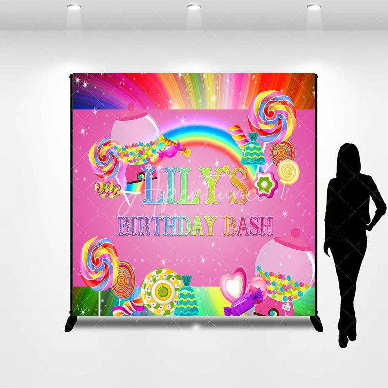 Aperturee - Aperturee Custom Candy Land Birthday Backdrop Featuring Colorful Lollipops and Gumballs Sweet Rainbow Party Decor