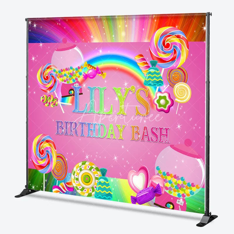 Aperturee - Aperturee Custom Candy Land Birthday Backdrop Featuring Colorful Lollipops and Gumballs Sweet Rainbow Party Decor