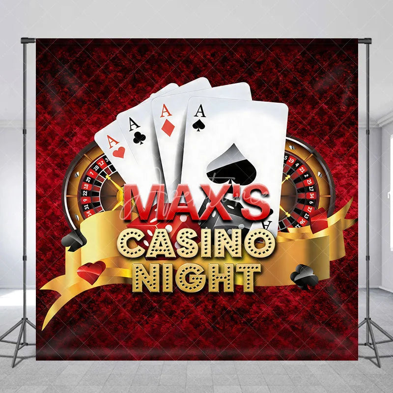 Aperturee - Aperturee Custom Casino Night Backdrop with Playing Cards Roulette Wheel and Dice Personalized Party Decor