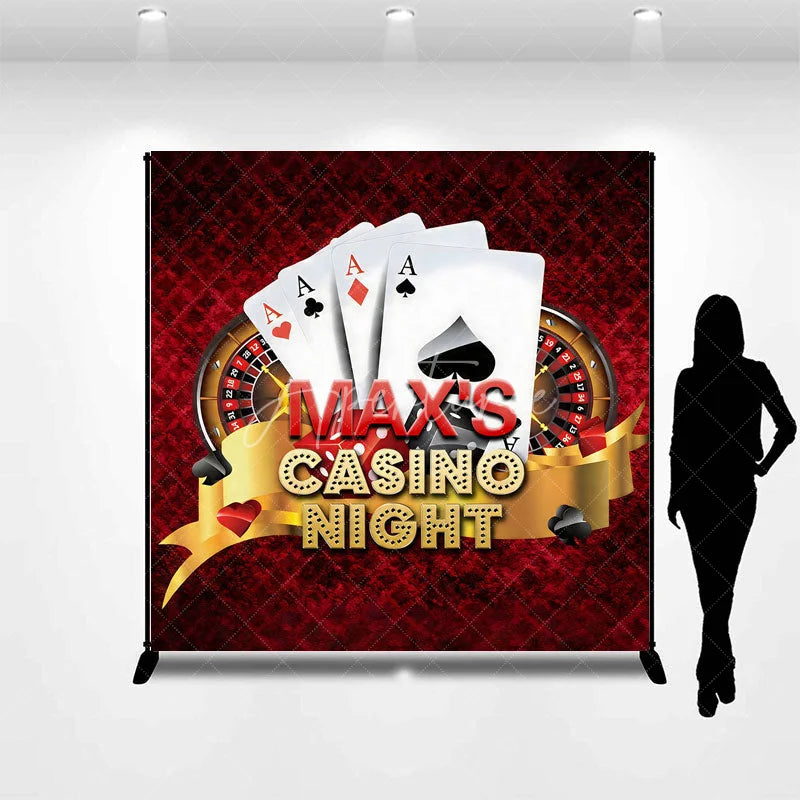 Aperturee - Aperturee Custom Casino Night Backdrop with Playing Cards Roulette Wheel and Dice Personalized Party Decor