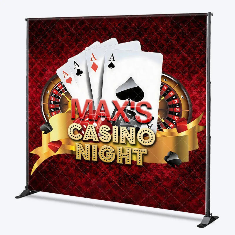Aperturee - Aperturee Custom Casino Night Backdrop with Playing Cards Roulette Wheel and Dice Personalized Party Decor