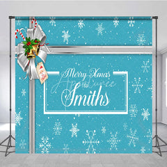 Aperturee - Aperturee Custom Christmas Backdrop Blue Snowflake Gift Box Design Silver Ribbon Jingle Bells Holiday Decor