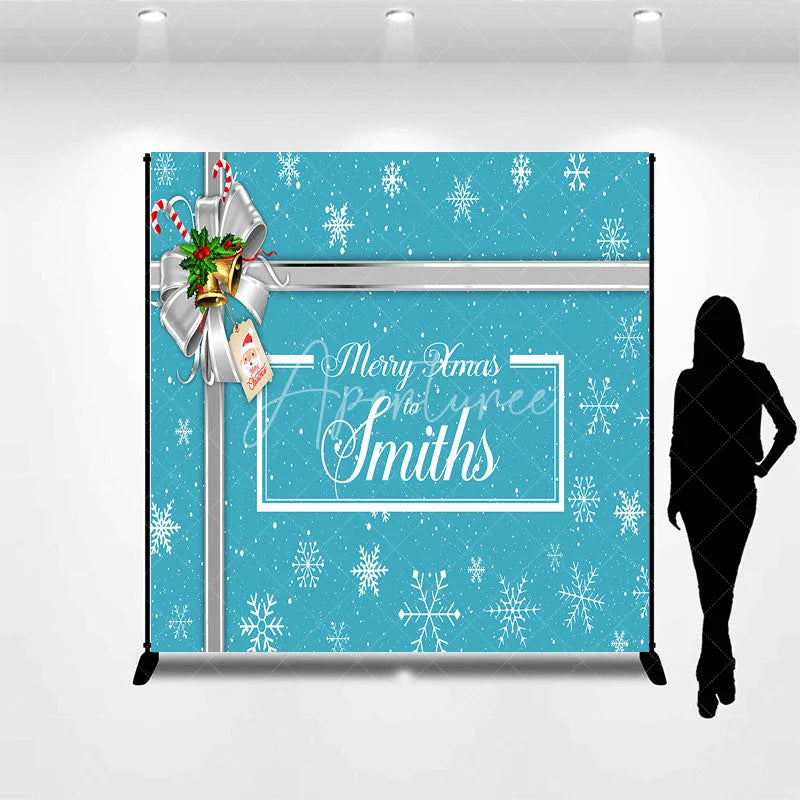 Aperturee - Aperturee Custom Christmas Backdrop Blue Snowflake Gift Box Design Silver Ribbon Jingle Bells Holiday Decor