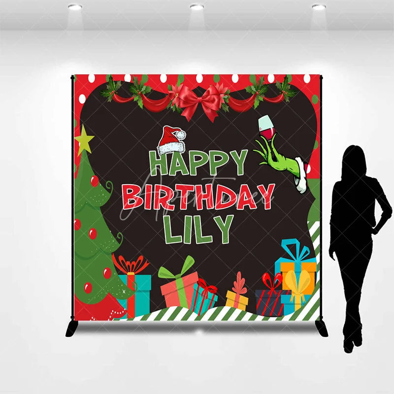 Aperturee - Aperturee Custom Christmas Birthday Backdrop with Grinch-like Hand Santa Hat and Presents Festive Party Decor
