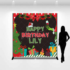 Aperturee - Aperturee Custom Christmas Birthday Backdrop with Grinch-like Hand Santa Hat and Presents Festive Party Decor