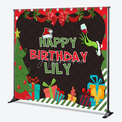 Aperturee - Aperturee Custom Christmas Birthday Backdrop with Grinch-like Hand Santa Hat and Presents Festive Party Decor
