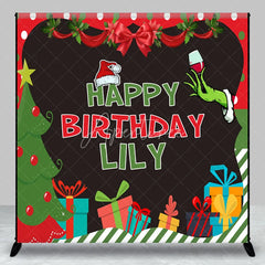 Aperturee - Aperturee Custom Christmas Birthday Backdrop with Grinch-like Hand Santa Hat and Presents Festive Party Decor