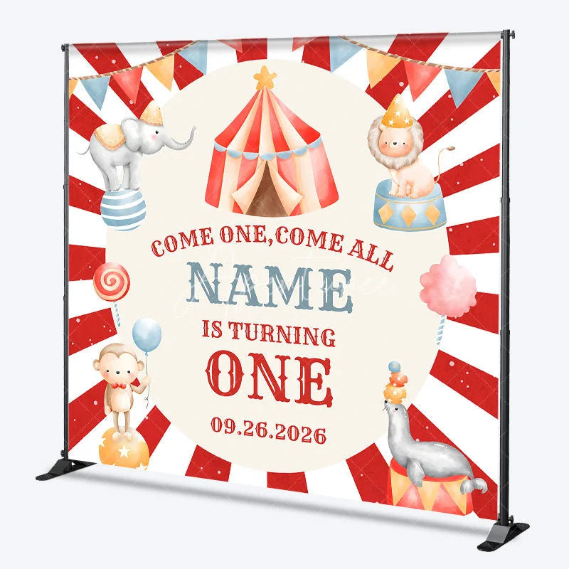 Aperturee - Aperturee Custom Circus Birthday Backdrop Red Striped Tent Animals Background Personalized Name Carnival Party Decoration