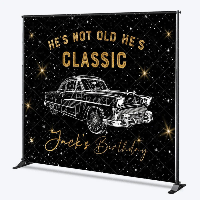 Aperturee - Aperturee Custom Classic Car Birthday Backdrop Vintage Automobile Black Gold Background Personalized Name Adult Milestone Party