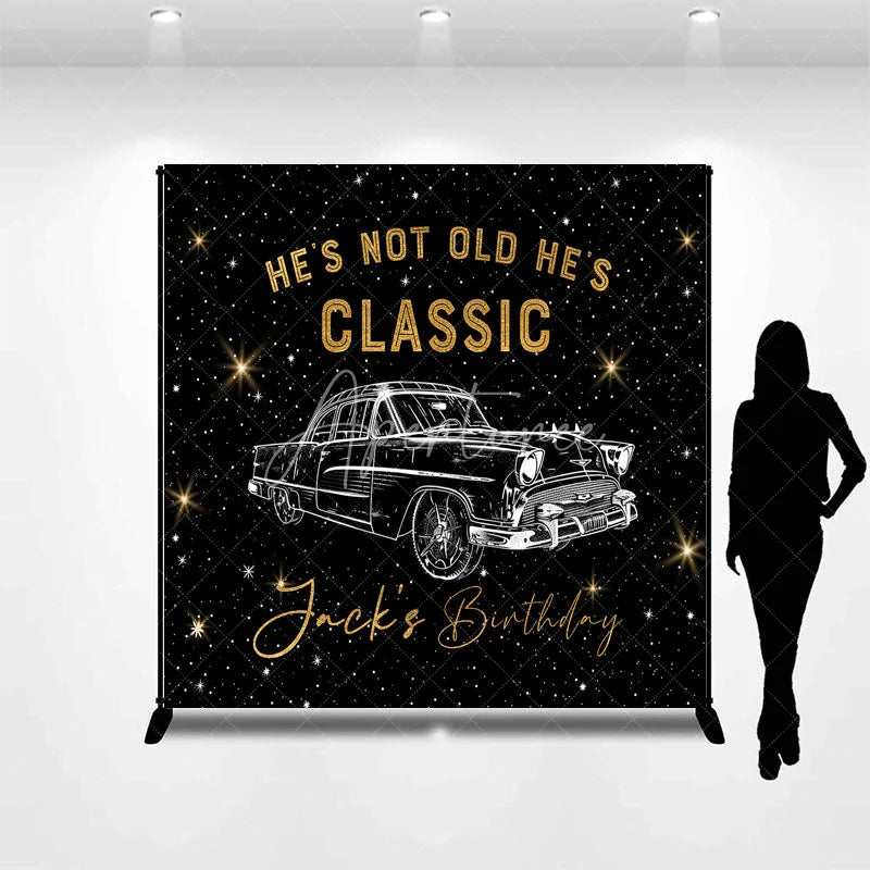 Aperturee - Aperturee Custom Classic Car Birthday Backdrop Vintage Automobile Black Gold Background Personalized Name Adult Milestone Party