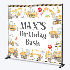 Aperturee - Aperturee Custom Construction Theme Birthday Backdrop with Yellow Vehicles and Personalized Name Kids Party Decor